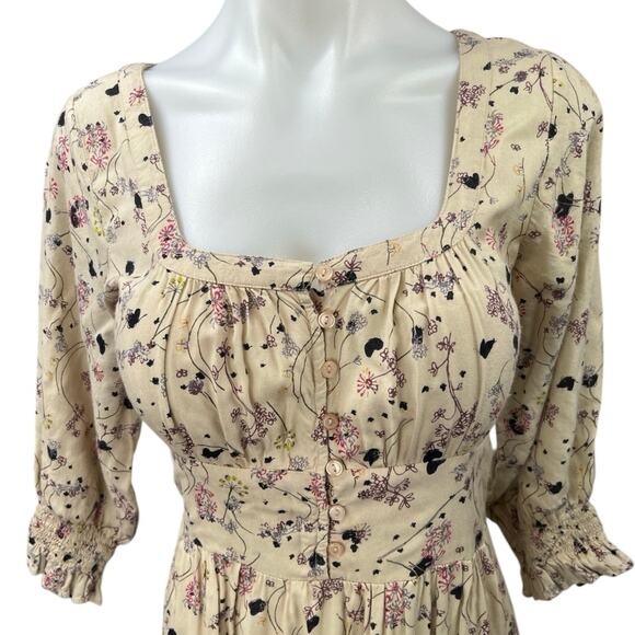 ba&sh Maya Beige Floral Print Square Neck 3/4 Sleeve Button Midi A-Line Dress S - Picture 5 of 7